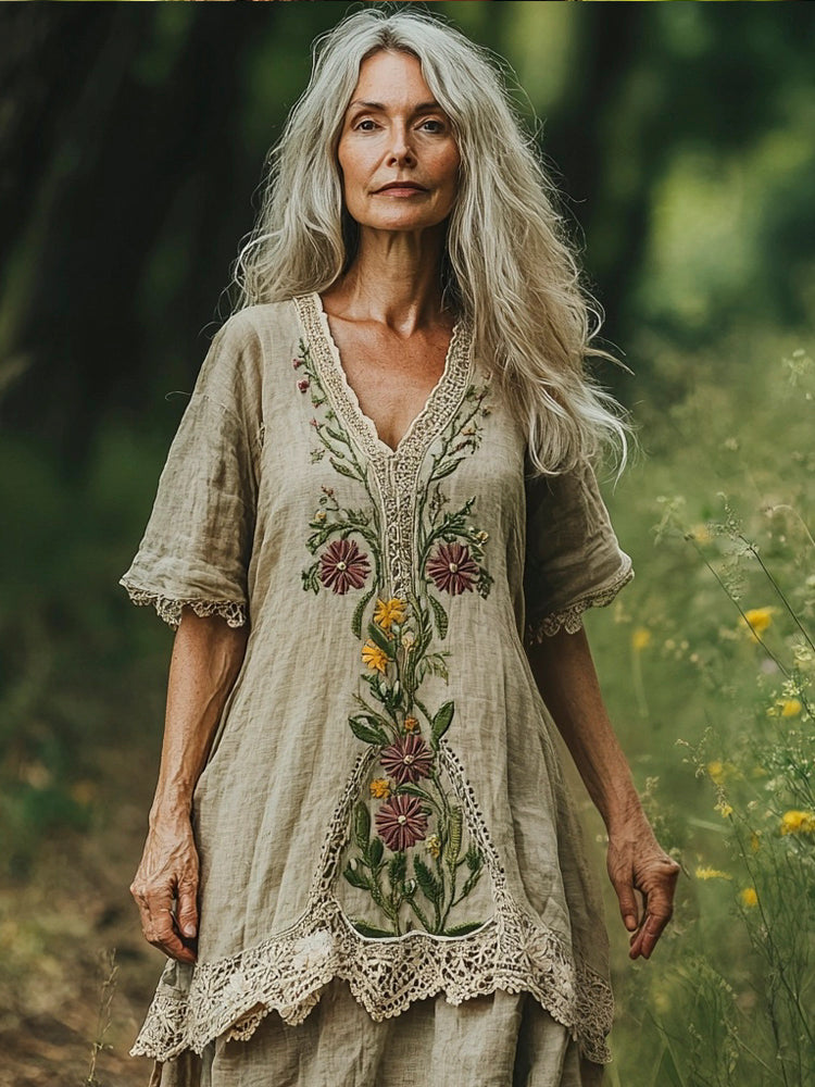 Vintage Floral Lace Patchwork Embroidery Women's Linen V-neck Maxi Dress artswardrobe