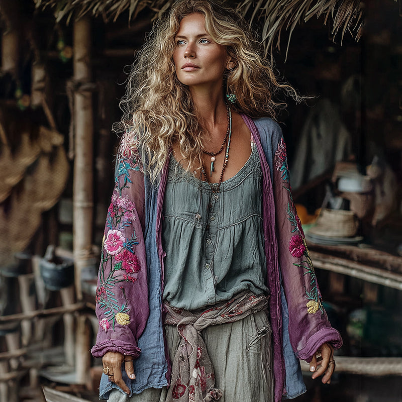 Comstylish Classic Bohemian Floral Art Embroidery Print Cotton And Linen Blend Kimono Cardigan