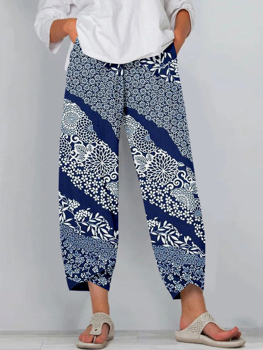 Comstylish Vintage Japanese Floral Pattern Cropped Casual Pants