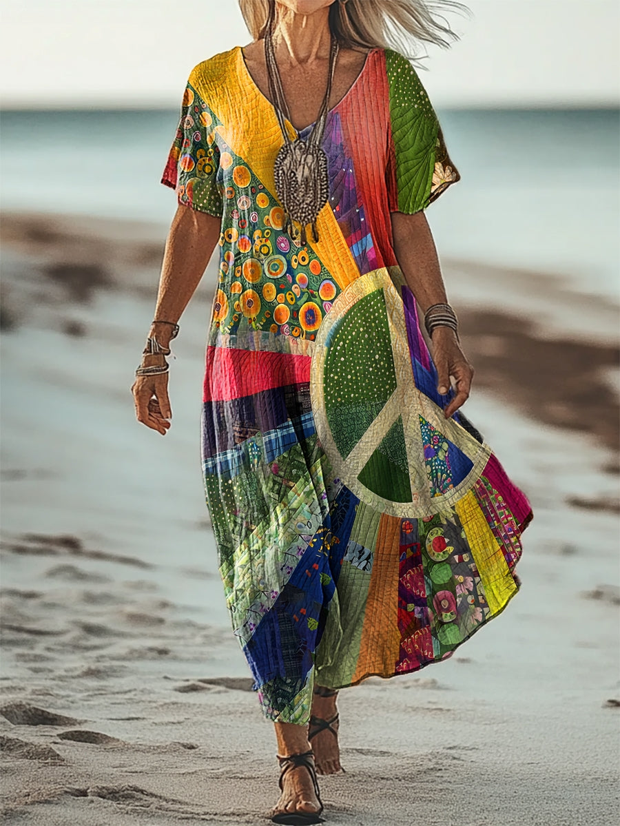 Women's Hippie Peace Collage Floral Art Print Short Sleeve Pocket Cott