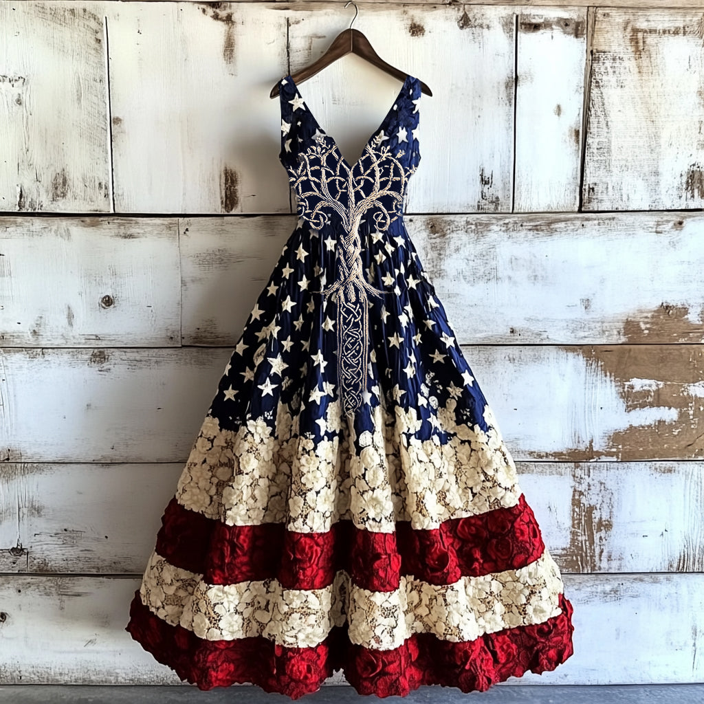 Women's Vintage Independence Day With Life Of Tree Art Linen Midi Dress artswardrobe