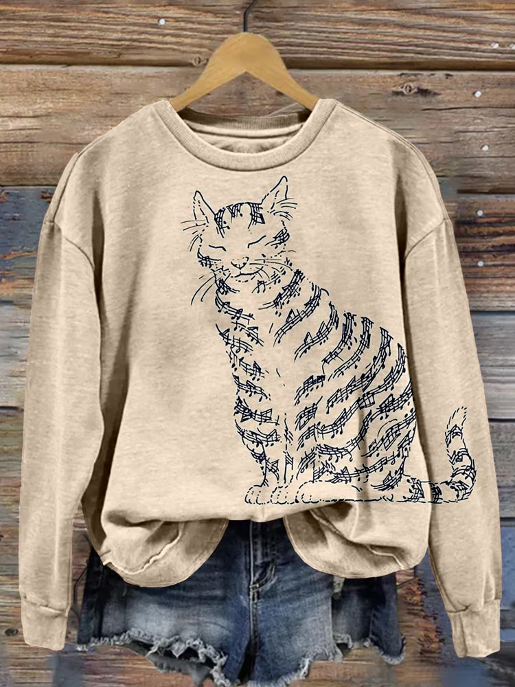 Music Notes Inspired Cat Art Vintage Cozy Sweatshirt elevenforest