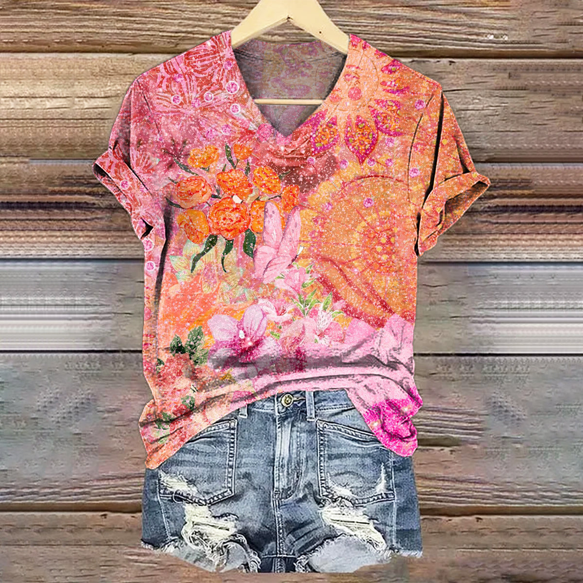 Women's Floral Art Print V-Neck Casual T-Shirt