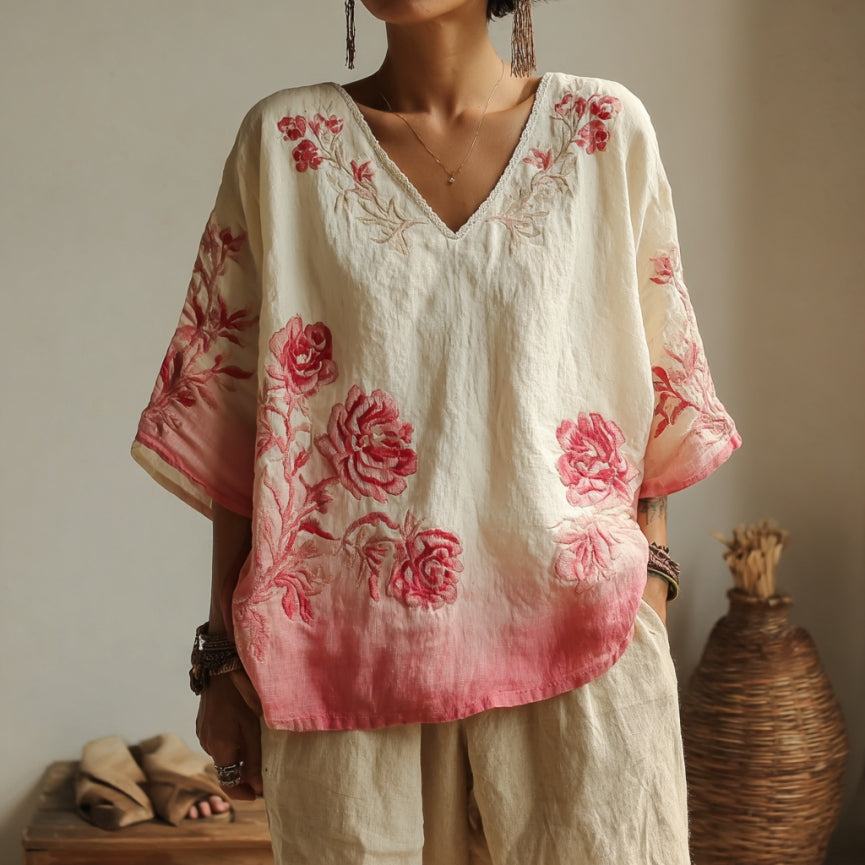 Comstylish Vintage Rose Gradient Floral Pattern Art Linen Shirts