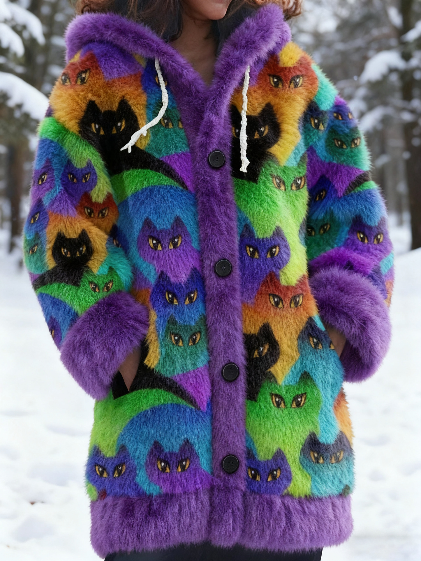 Comstylish Cute Cozy Cats In Patchwork Art Cozy Knit Hooded Cardigan