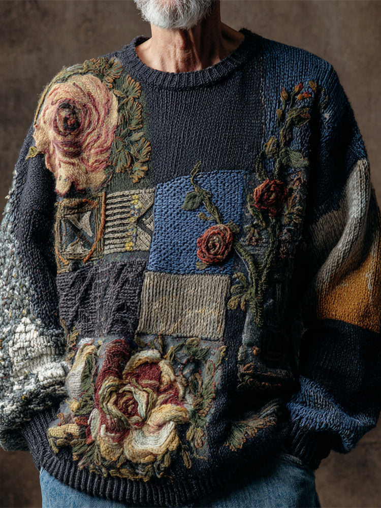 Boho Vintage Floral Patchwork Pattern Men's Knit Sweater artswardrobe
