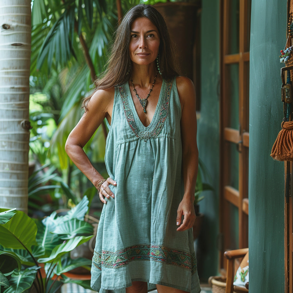 Comstylish Retro Boho Tribal Art Embroidery Print Cotton And Linen V-neck Sleeveless Midi Dress