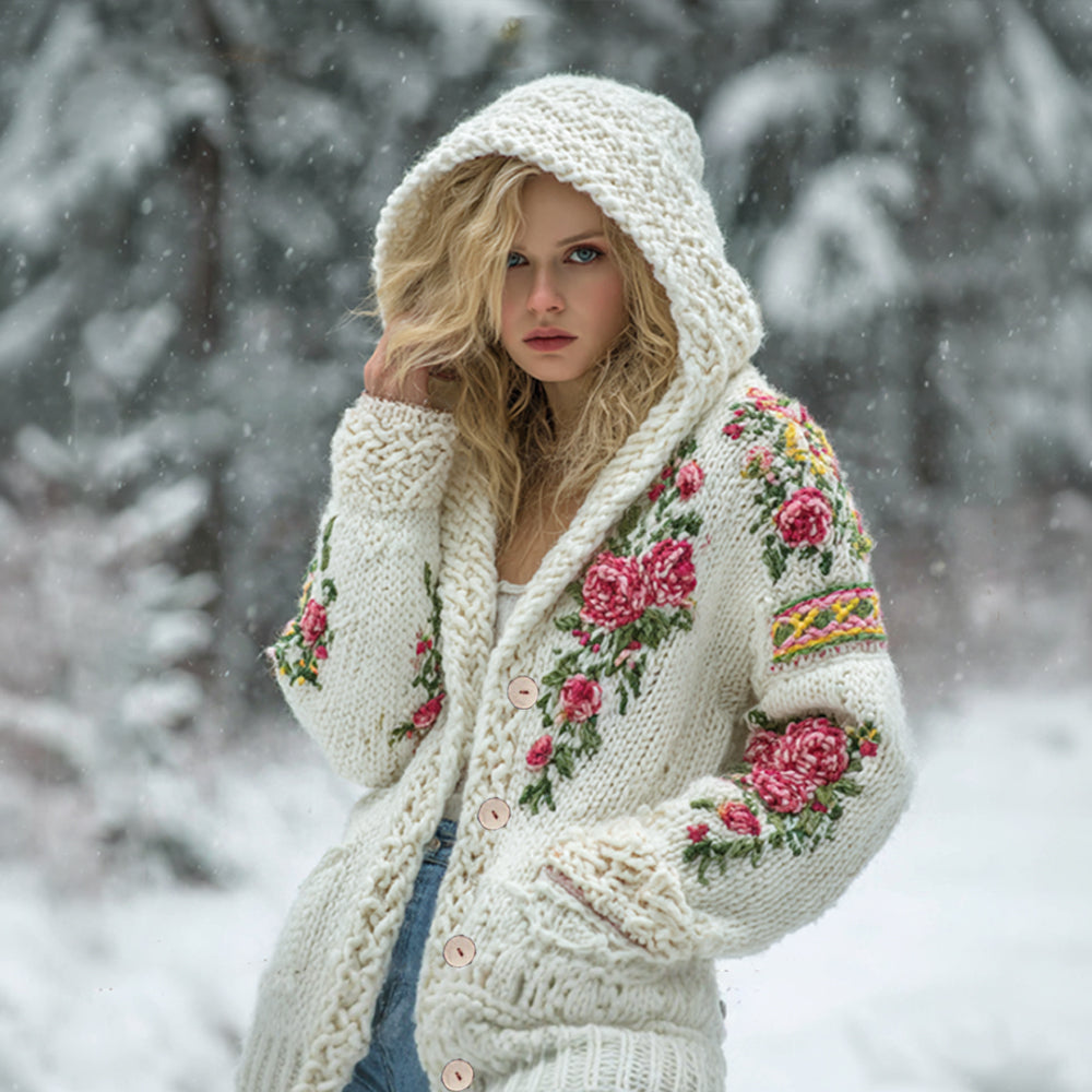 Comstylish Women's Viking Style Pink Rose Hooded Cardigan Sweater