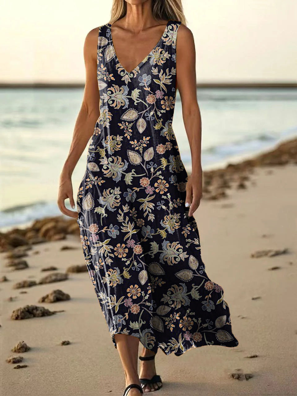 Women's Vintage Ethnic Floral Art Print Pocket Cotton Dress