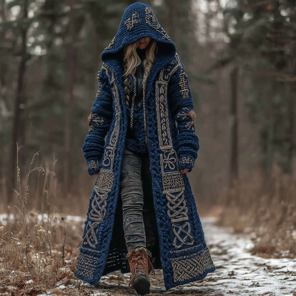 Women's Vintage Viking Celtic Knot Knit Long Sweater Jacket artswardrobe