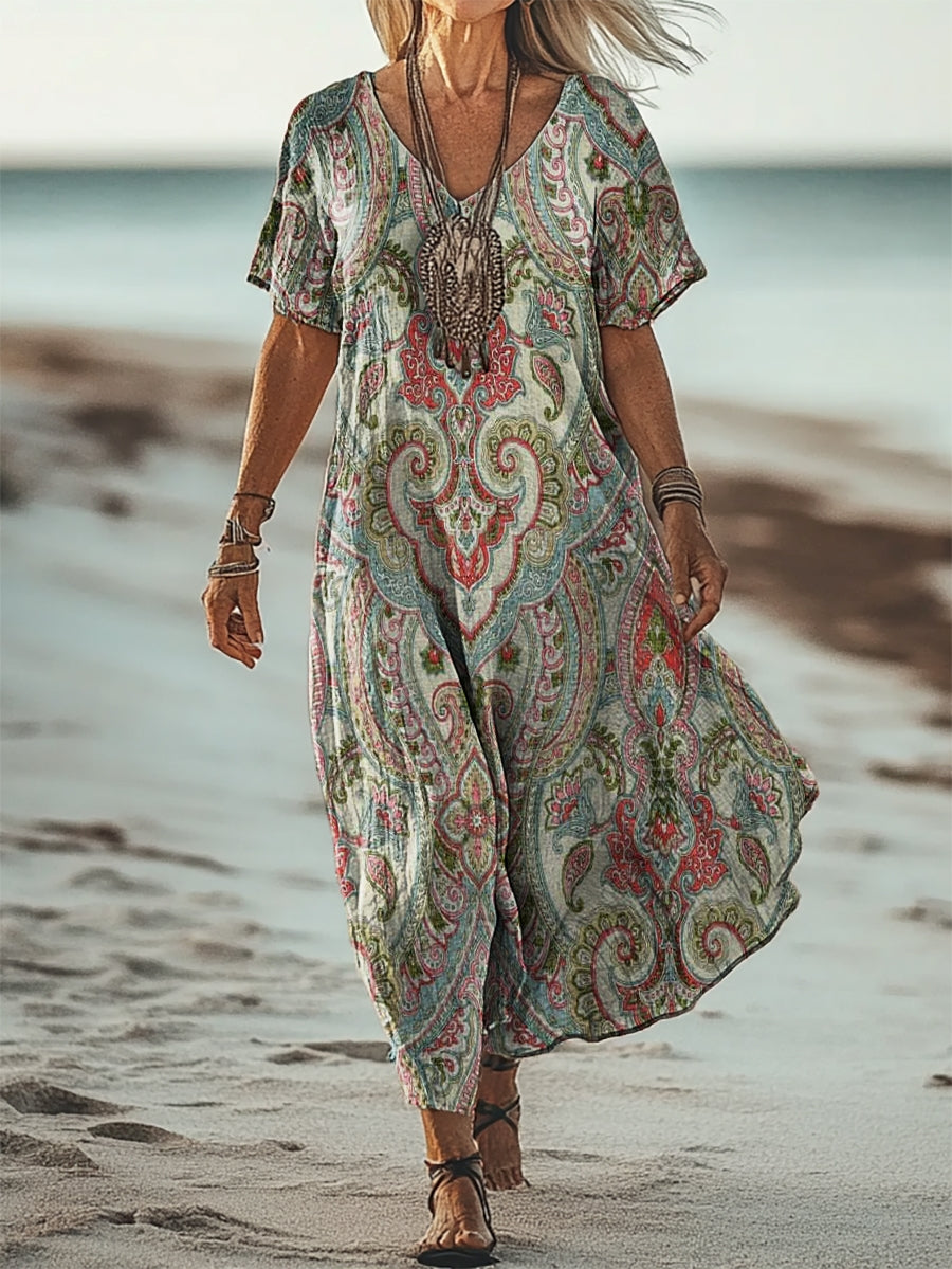 Women's Vintage Ethnic Totem Flower Art Print V Neck Pocket Cotton Dre