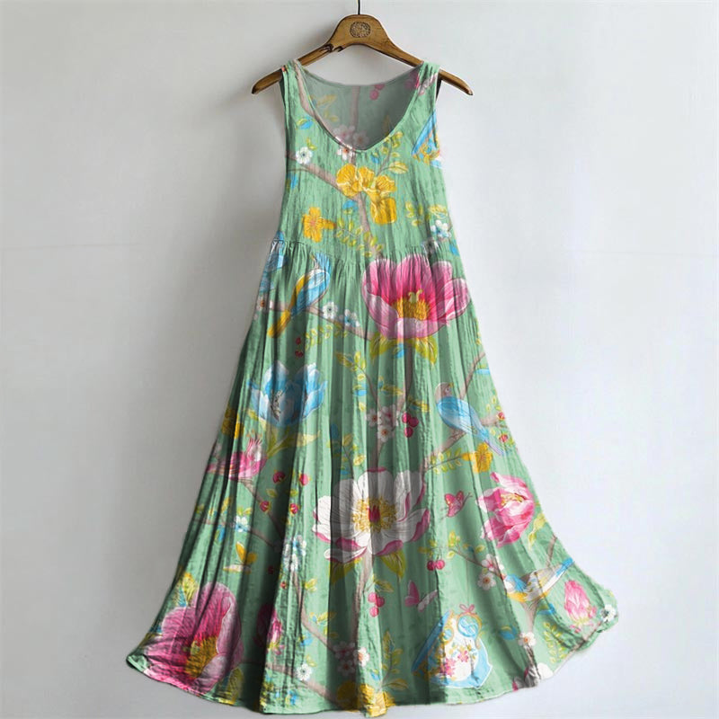 Women's Vintage Floral Art Print Sleeveless Cotton Pocket Dress