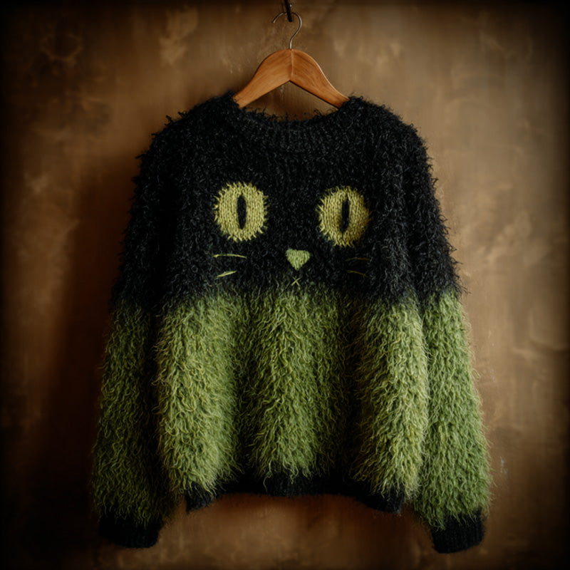 Comstylish Women's Casual Vintage Halloween Black Cat Embroidered Sweater