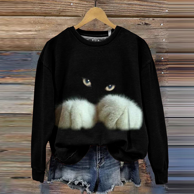 Comstylish Abstract Creative Cute Black Cat Print Crew Neck Casual Sweatshirt