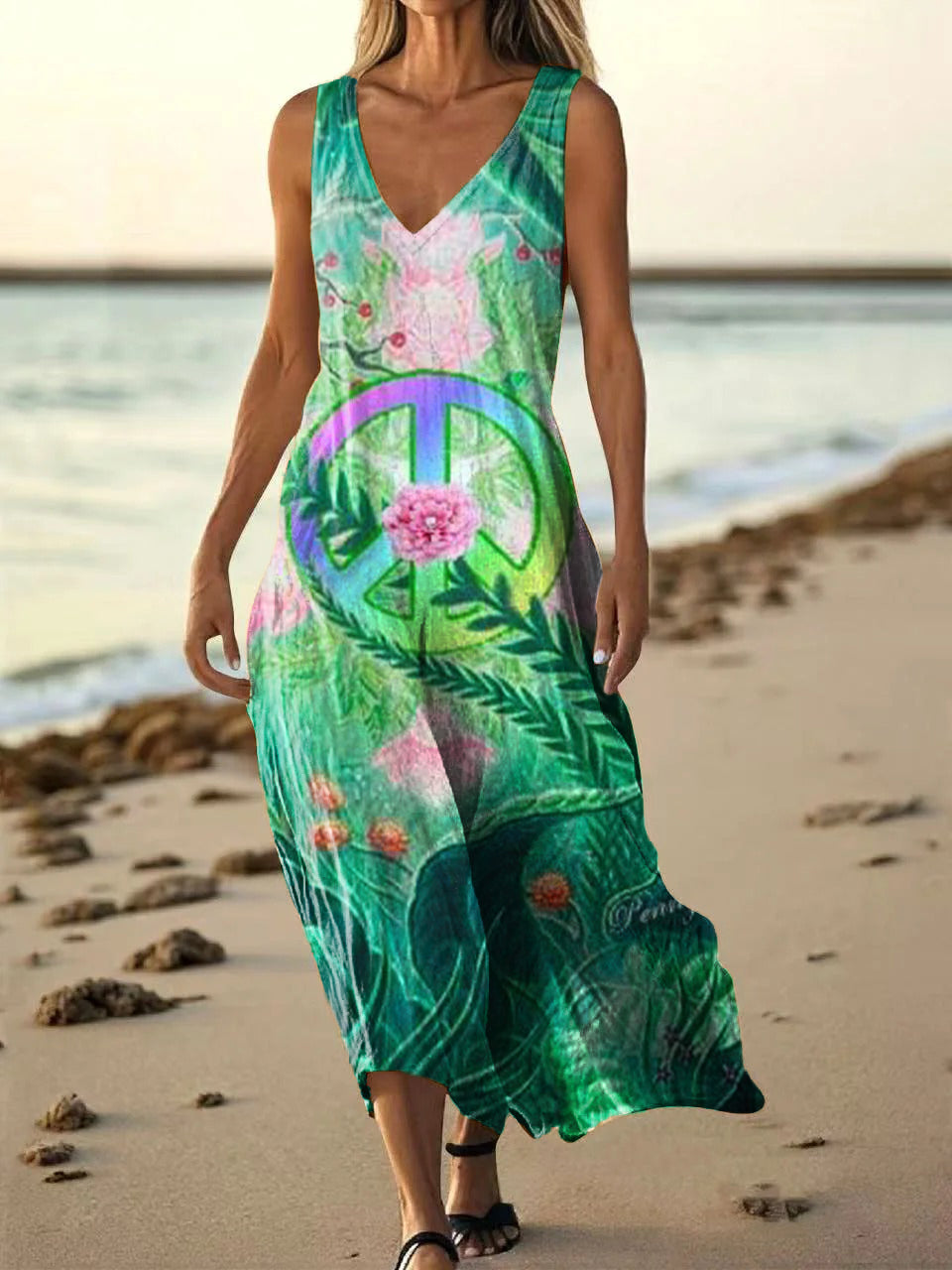 Women's Hippie Floral Art Print Pocket Cotton Dress