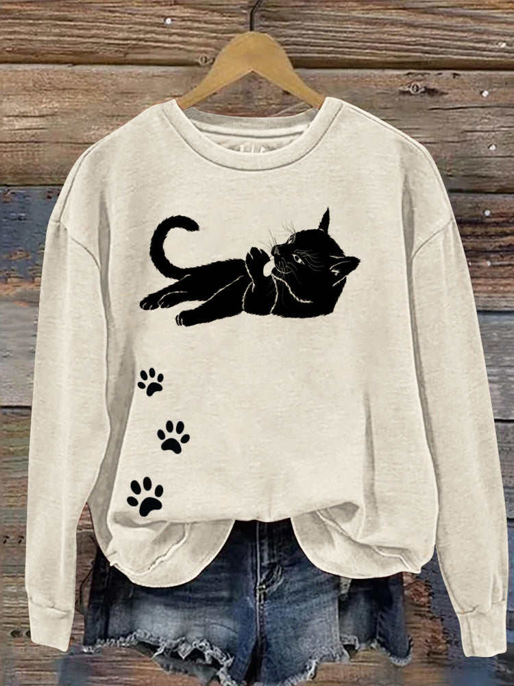Lazy Cat's Footsteps Print Women's Casual Sweatshirt elevenforest