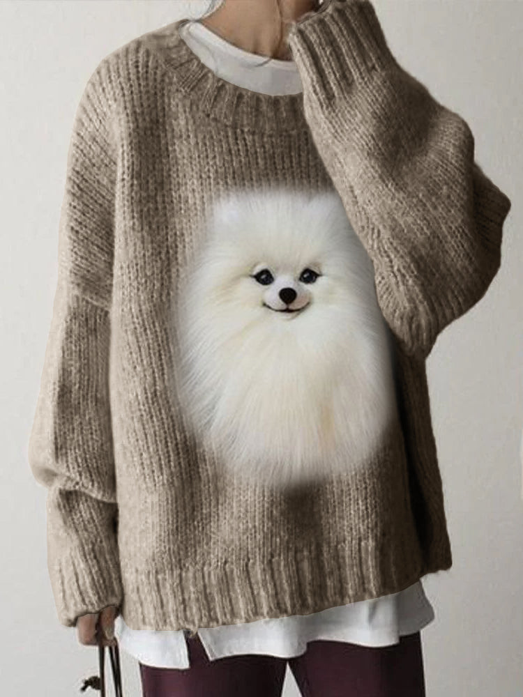 Comstylish White Pom Dog Plush Cozy Knit Sweater