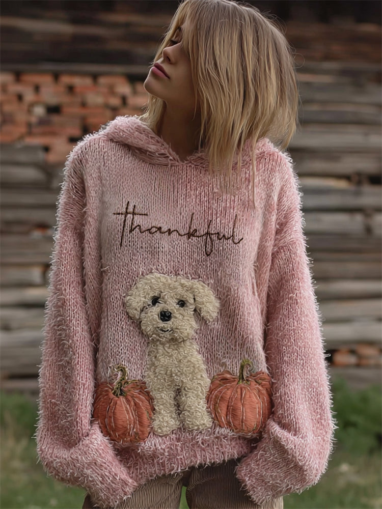 Comstylish Thankful Fuzzy Dog & Pumpkins Cozy Hooded Sweater