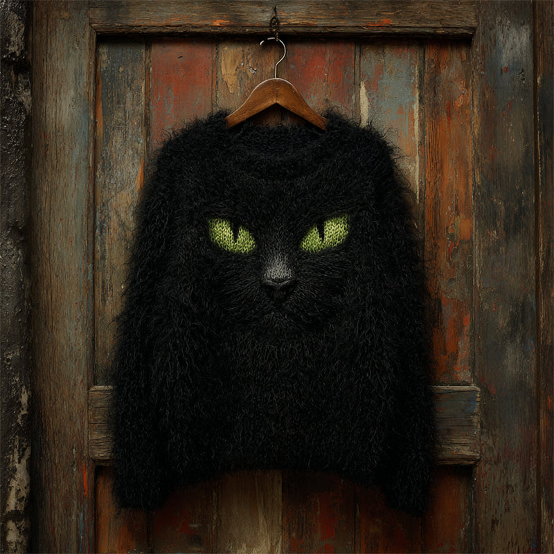 Halloween Fuzzy Black Cat Inspired Cozy Knit Sweater artswardrobe