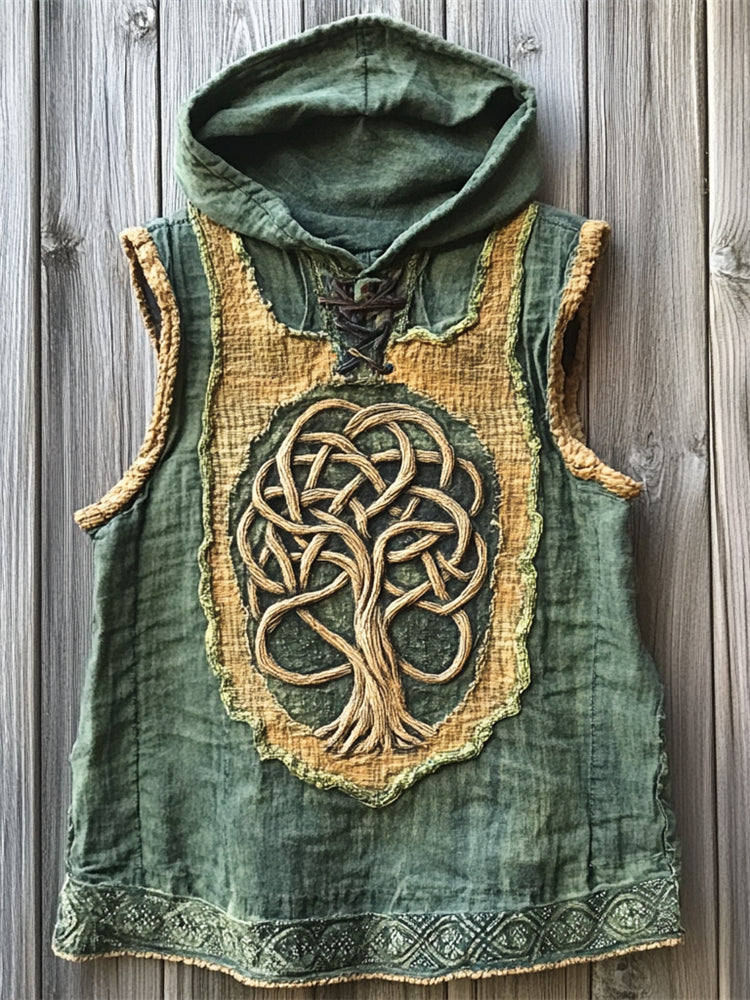 Men's Viking Tree Of Life Patchwork Hooded Washed Linen Vest artswardrobe