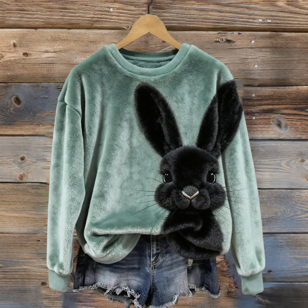 Comstylish Cute Fuzzy Black Bunny Embroidered Cozy Plush Sweatshirt