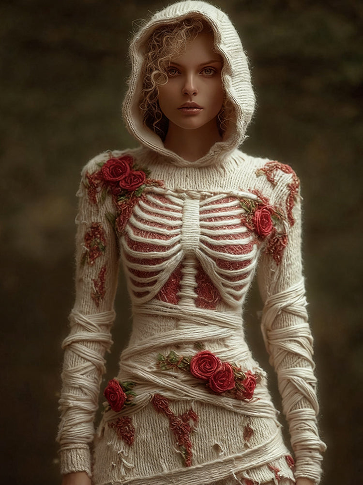 Halloween Skeleton&red Rose Elegant Bandage Hoodie Dress artswardrobe
