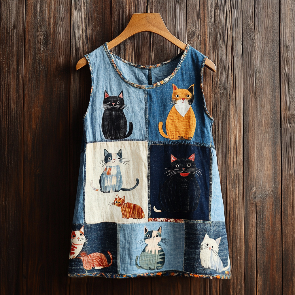 Comstylish Women's Cat Patchwork Print Linen Tank Top