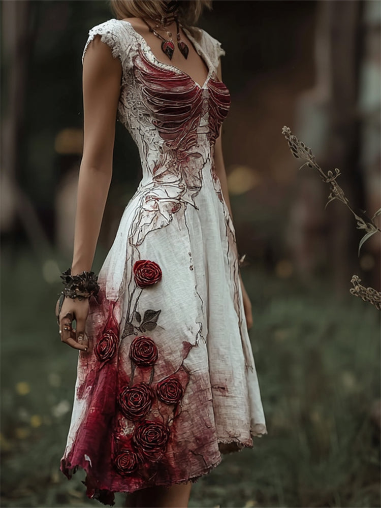Comstylish Halloween Bloody Rib Cage Red Roses Vintage Linen Dress