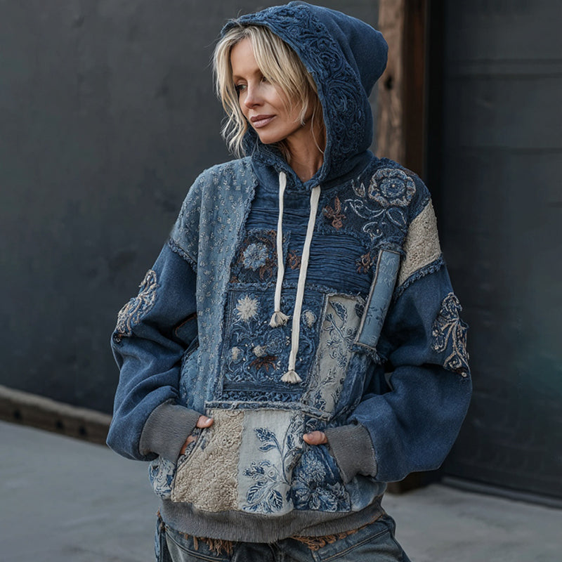 Comstylish Vintage Boho Floral Embroidered Patchwork Hoodie