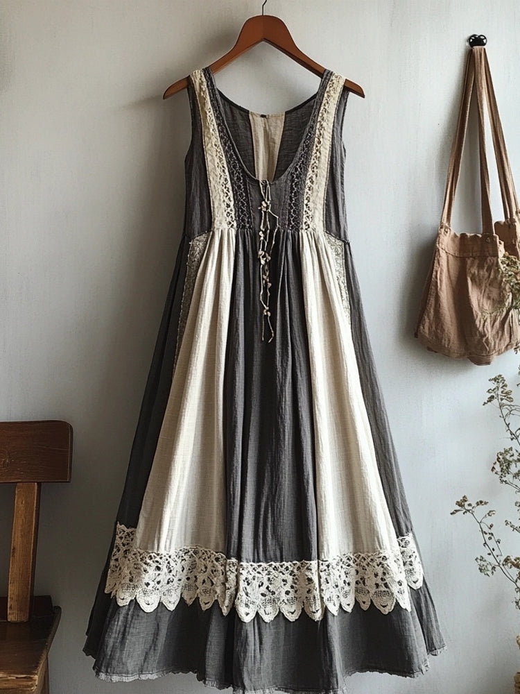Retro Lace Patchwork Comfy Linen Tank Dress artswardrobe