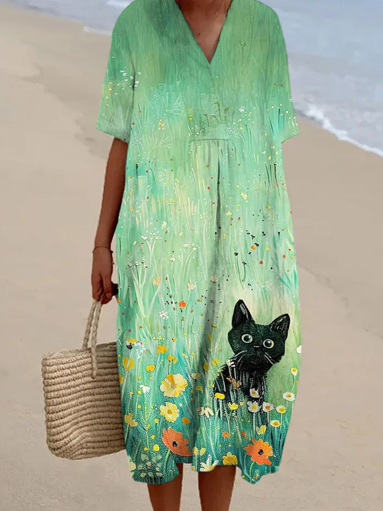 Comstylish Cat Floral Graffiti Art Women's Vintage Linen Dress