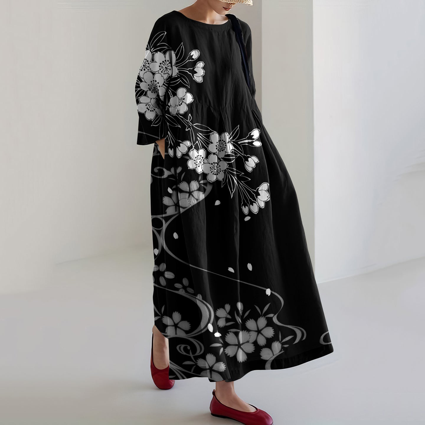 Comstylish Vintage Japanese Traditional Sakura Art Print Casual Midi Dress