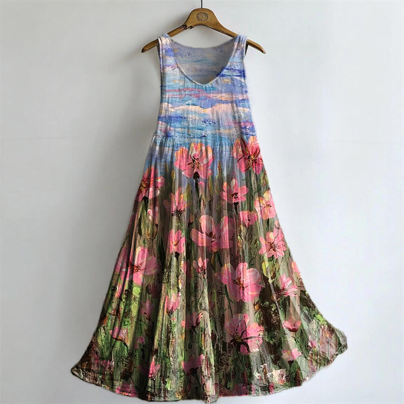 Women's Painting Floral Art Print Crew Neck Sleeveless Cotton Pocket D