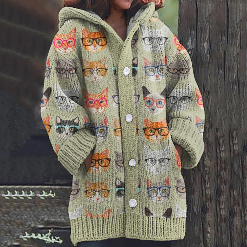 Cute Cat Print Long Sleeve Knitted Hooded Cardigan elevenforest