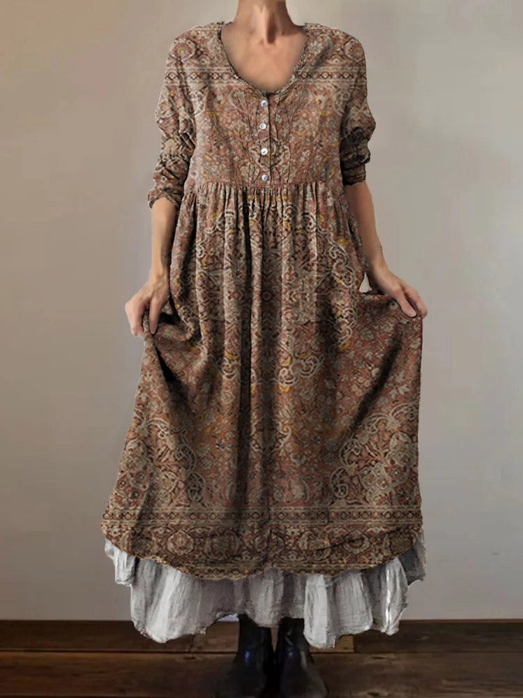 Women's Ethnic Tattoo Art Print V-Neck Button Pocket Cotton Dress