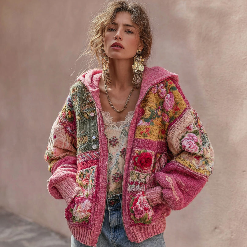 Women's Vintage Bohemian Floral Embroidery Patchwork Art Zipper Knit Hooded Sweater artswardrobe