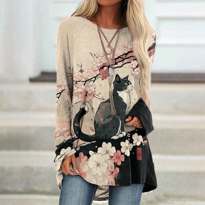 Comstylish Japanese Art Style Floral Cat Print Tunic
