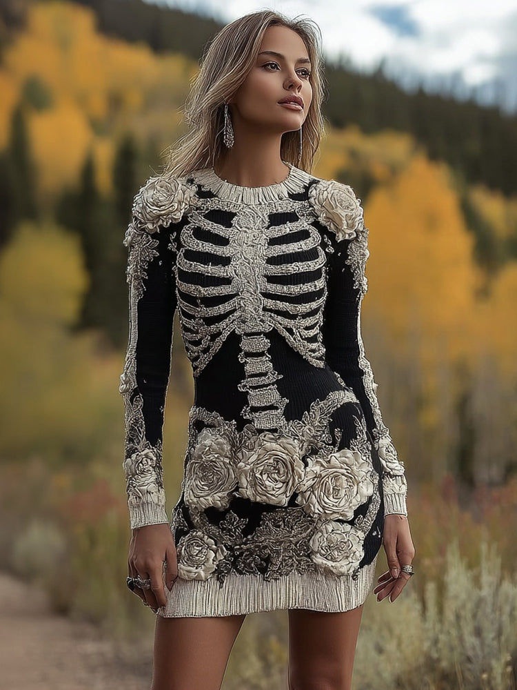 Vintage Skeleton Roses Embroidered Sweater Mini Dress artswardrobe