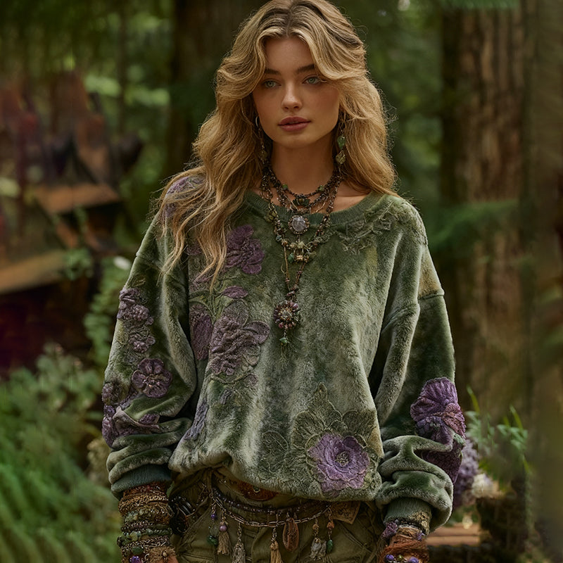 Comstylish Women's Vintage Floral Pattern Art Plush Cozy Sweatshirt