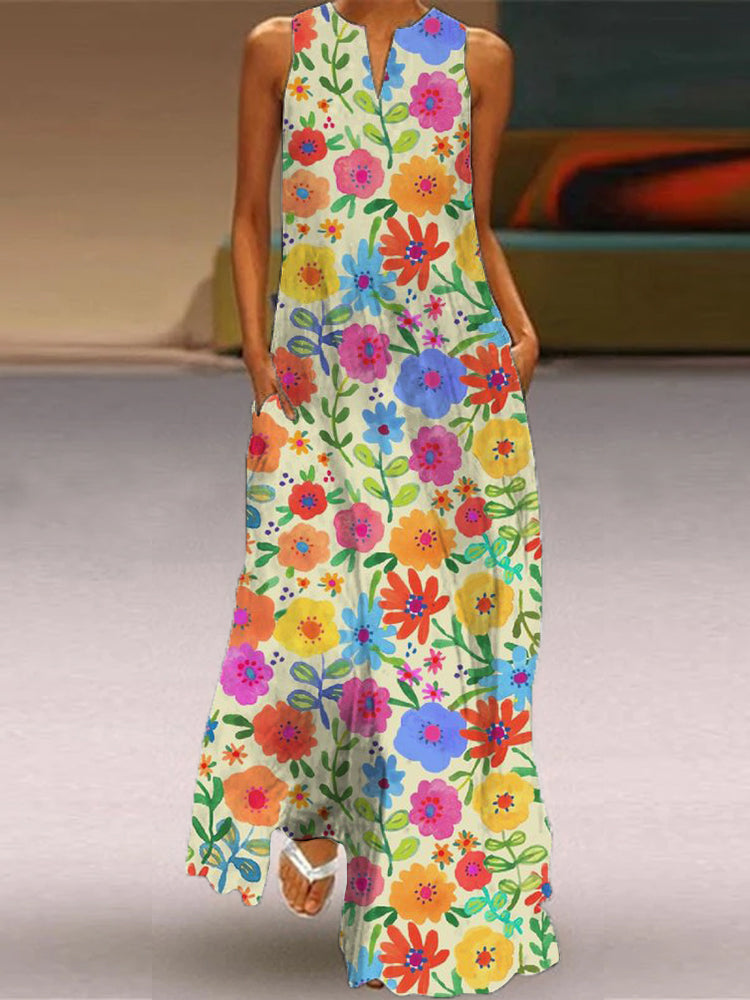 Comstylish Vintage Floral Art Pattern Flowy Maxi Dress
