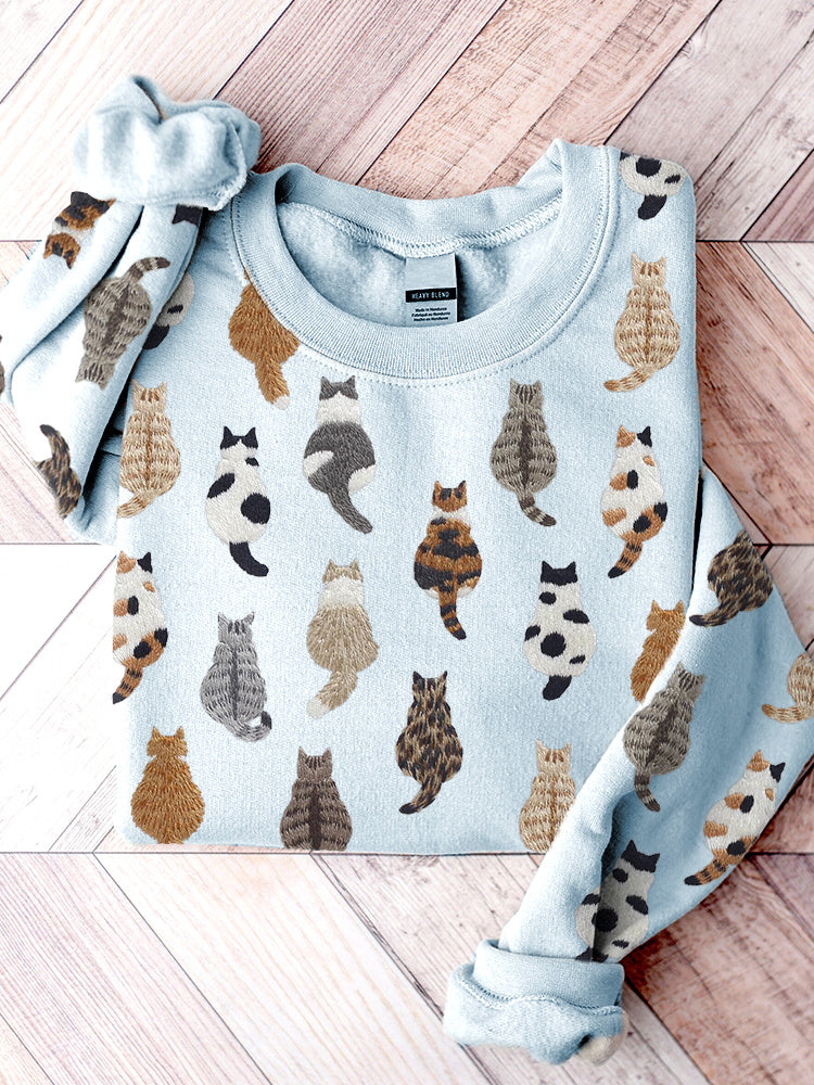 Comstylish Cute Cats Embroidery Pattern Casual Cozy Sweatshirt