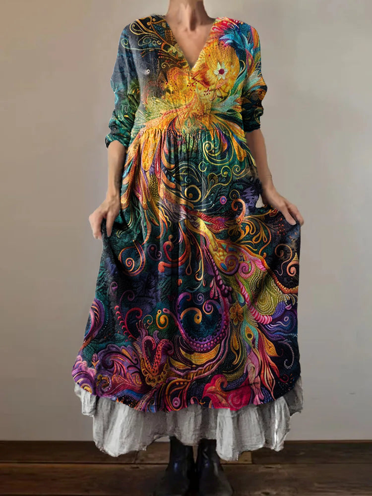 Women's Colorful Phoenix Art Pattern Print V-Neck Pocket Cotton Dress