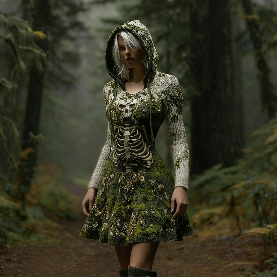 Comstylish Halloween Dark Forest Ladies' Knit Hooded Cardigan Dress