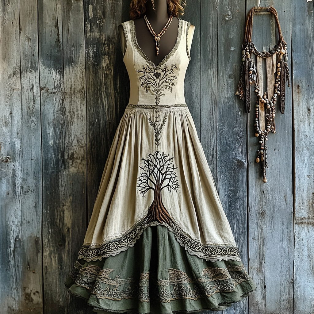 Women's Vintage Viking Tree Of Life Celtic Cotton And Linen V-neck Maxi Dress artswardrobe
