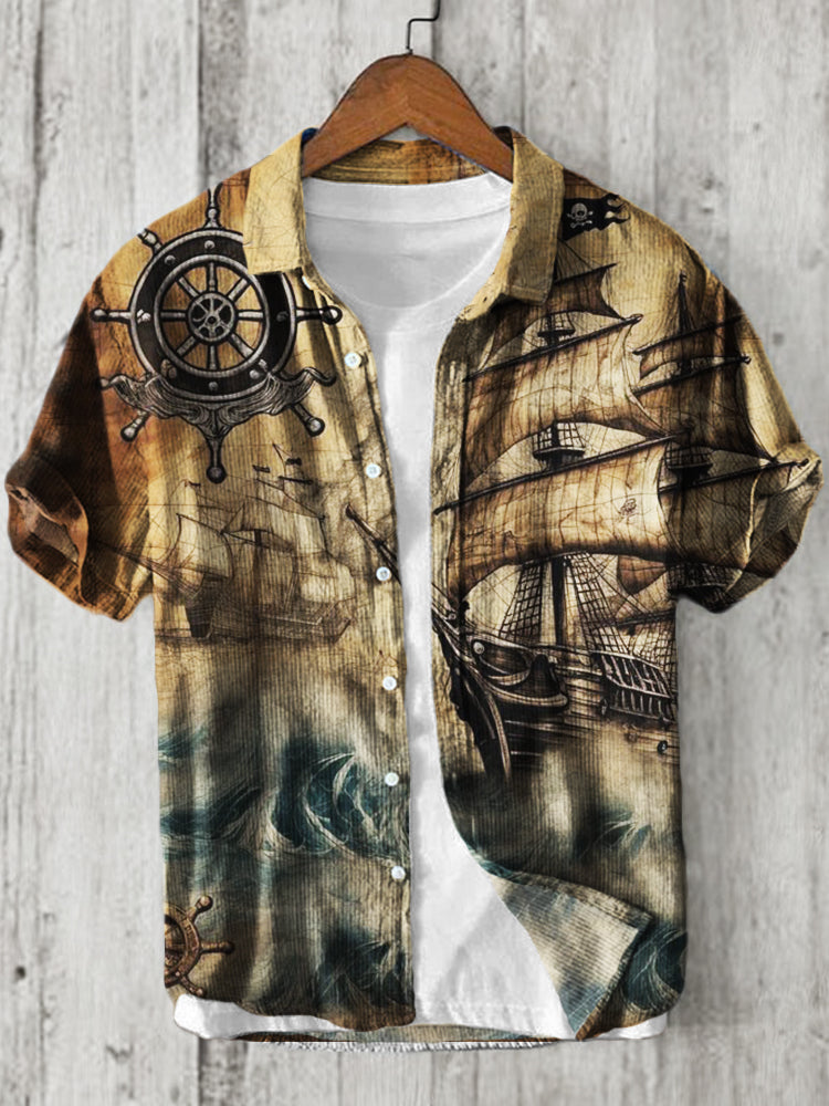 Men's Vintage Ship Sea Waves Navigation Beach Linen Shirt artswardrobe