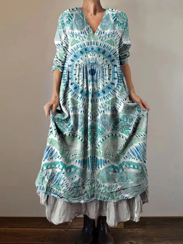 Women's Tie-Dye Mandala Art Print V-Neck Pocket Cotton Dress