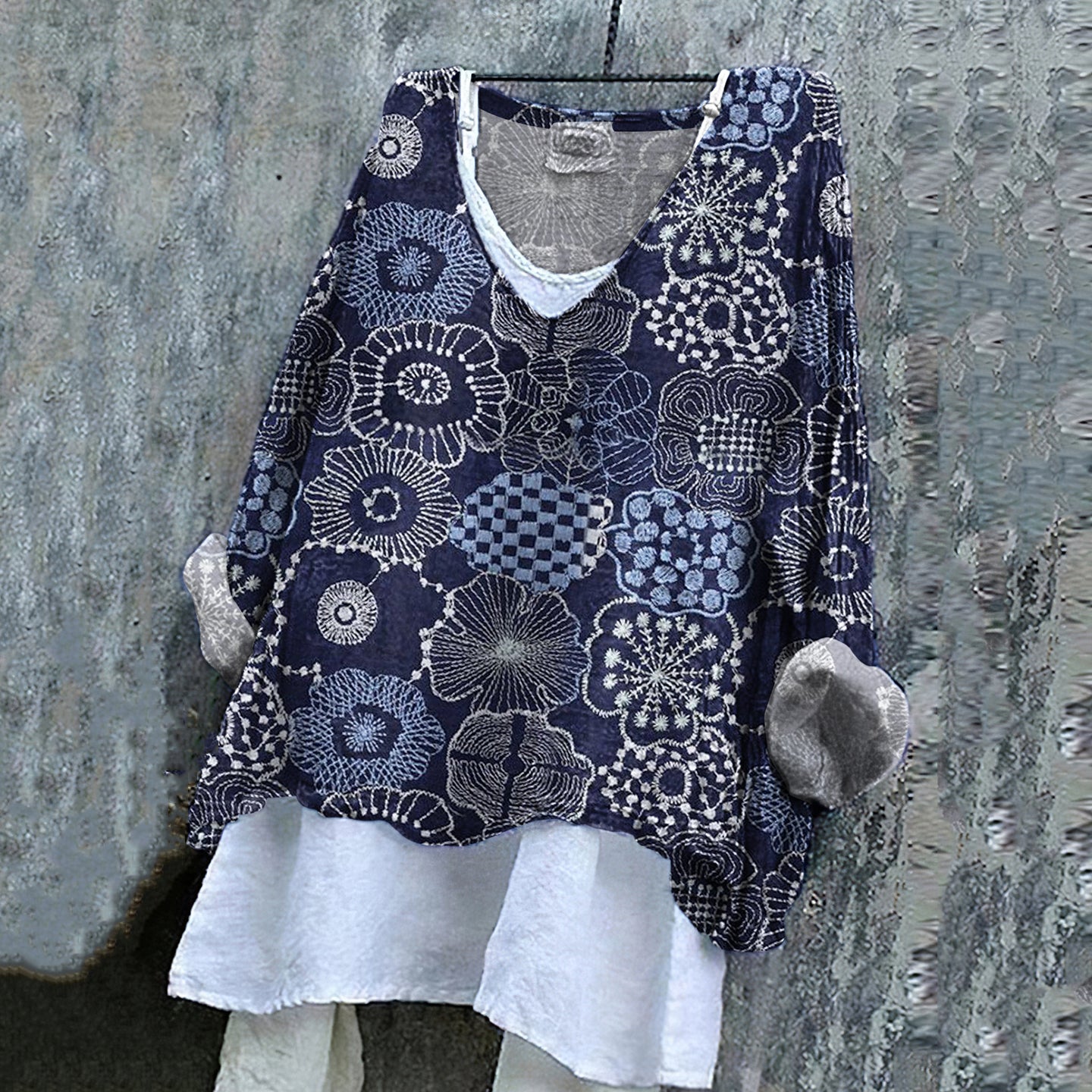 Comstylish Women's Japanese Flower Embroidery Art Linen V-neck Shirt