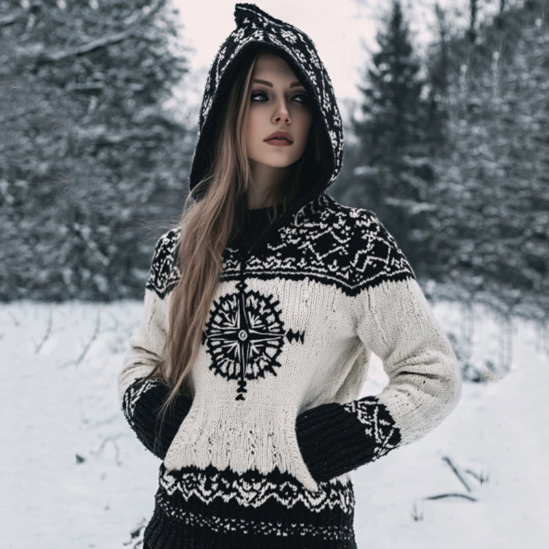 Vintage Viking Compass Celtic Cozy Chunky Hooded Cardigan artswardrobe