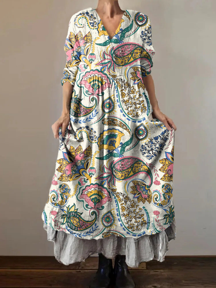 Women's Hippie Art Floral Print V Neck Dress