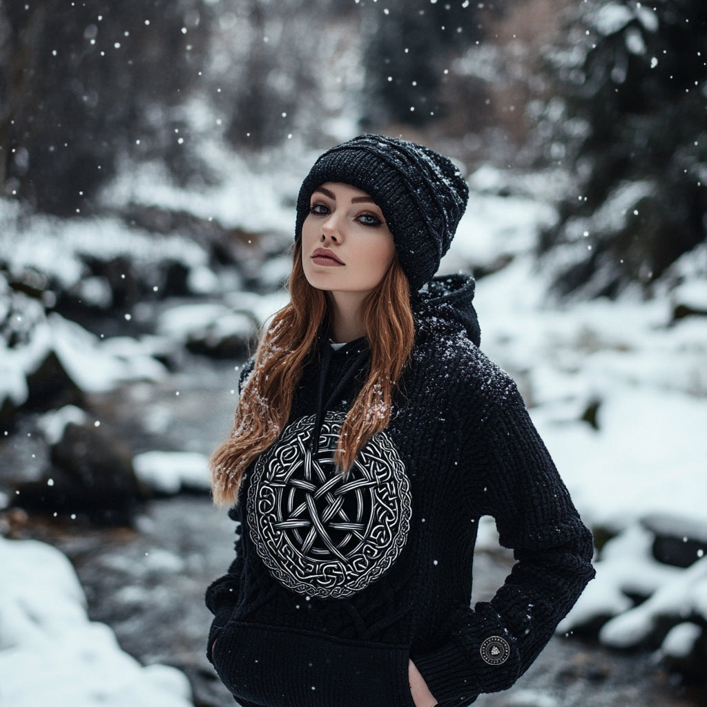 Women's Viking Tribal Jacquard Celtic Inspired Chunky Knit Hooded Sweater artswardrobe